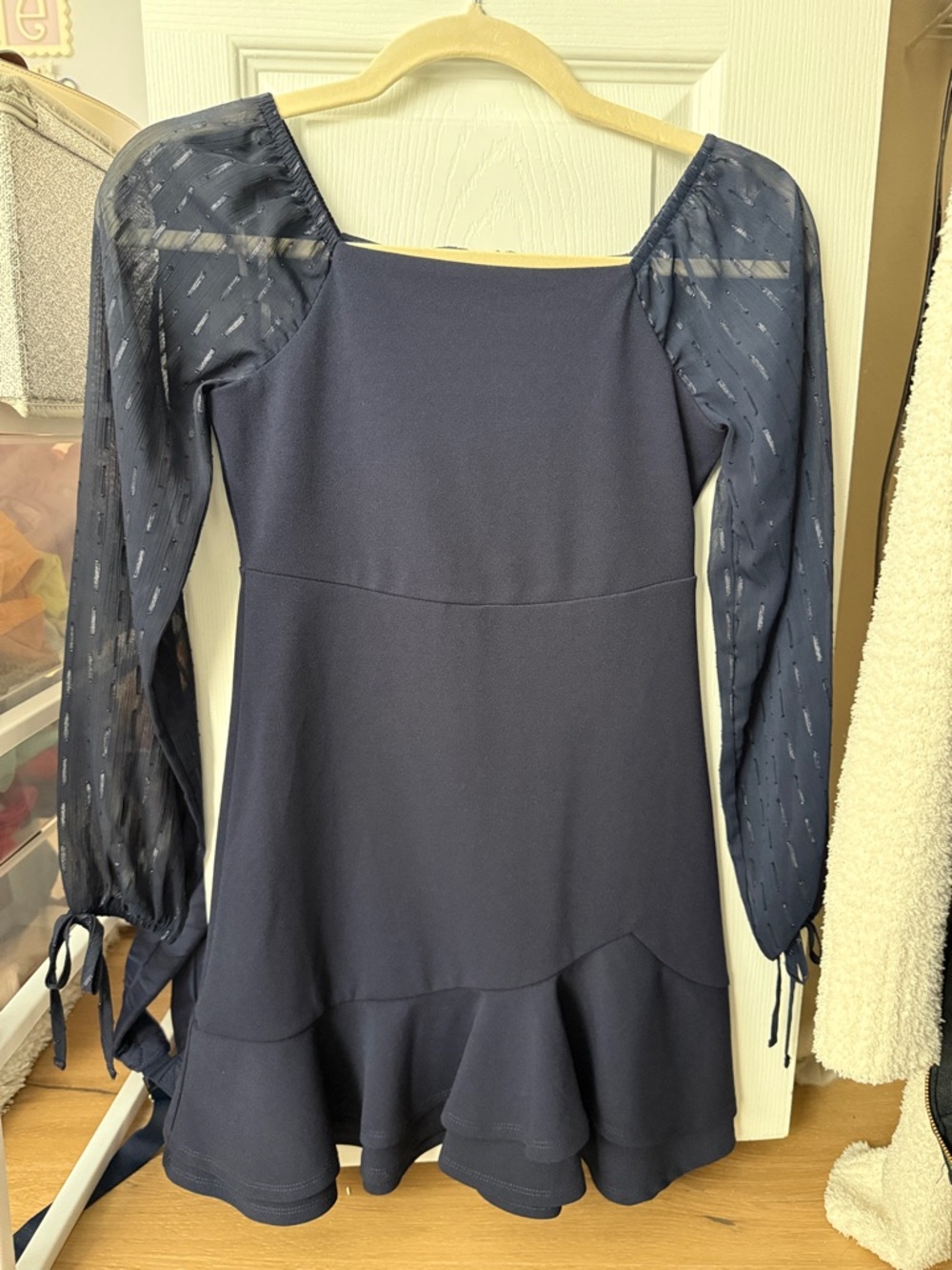 Rare Editions Navy Sheer-Sleeve Ruffle Hem Dress